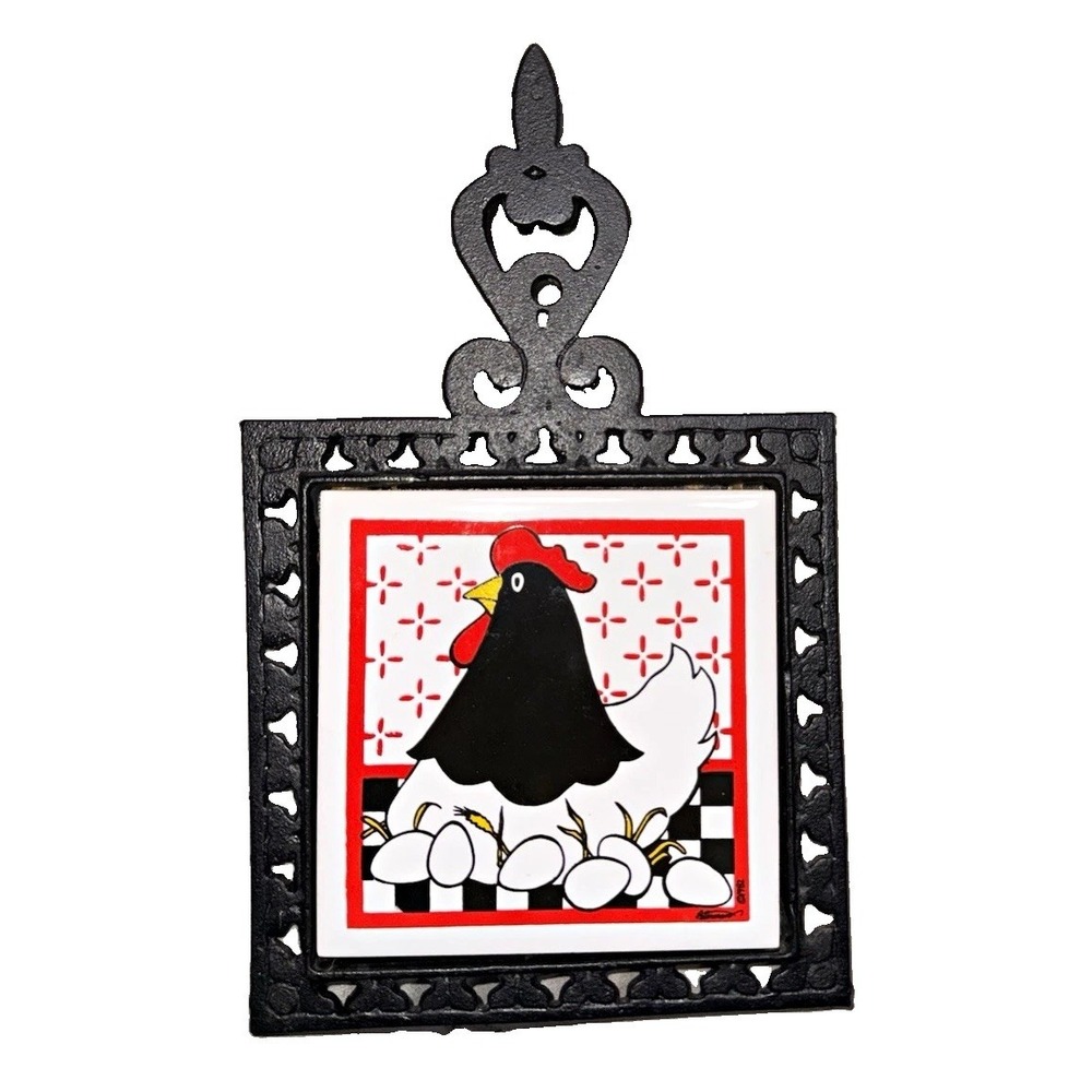 Vintage 1982 Chicken Hen Eggs Ceramic Tile Cast Iron Trivet Taiwan Farmhouse